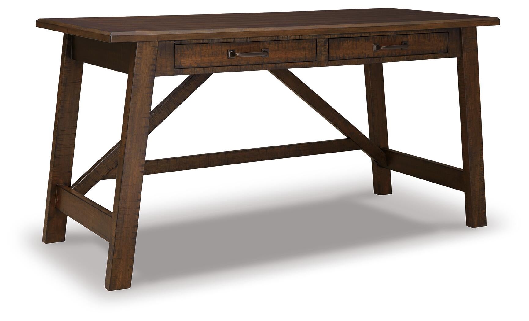 The Baldridge Home Office Large Leg Desk features two drawers, angled legs, a crossbar support, and a dark brown finish. Its simple, rustic design makes it perfect for any workspace.
