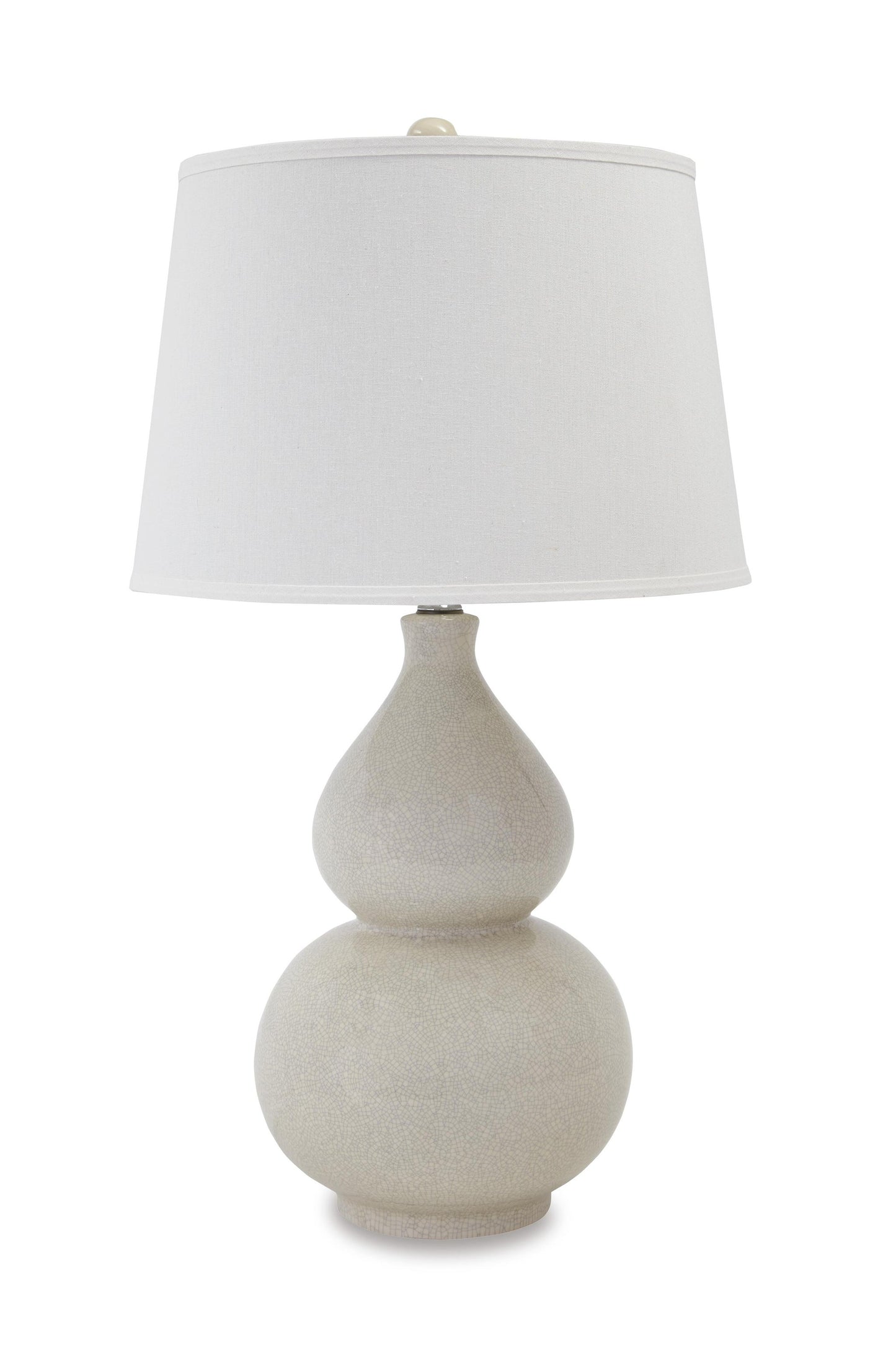 The Saffi Ceramic Table Lamp (1/CN) features a double-gourd base and plain white fabric shade, offering timeless elegance ideal for contemporary spaces, shown here against a white background.