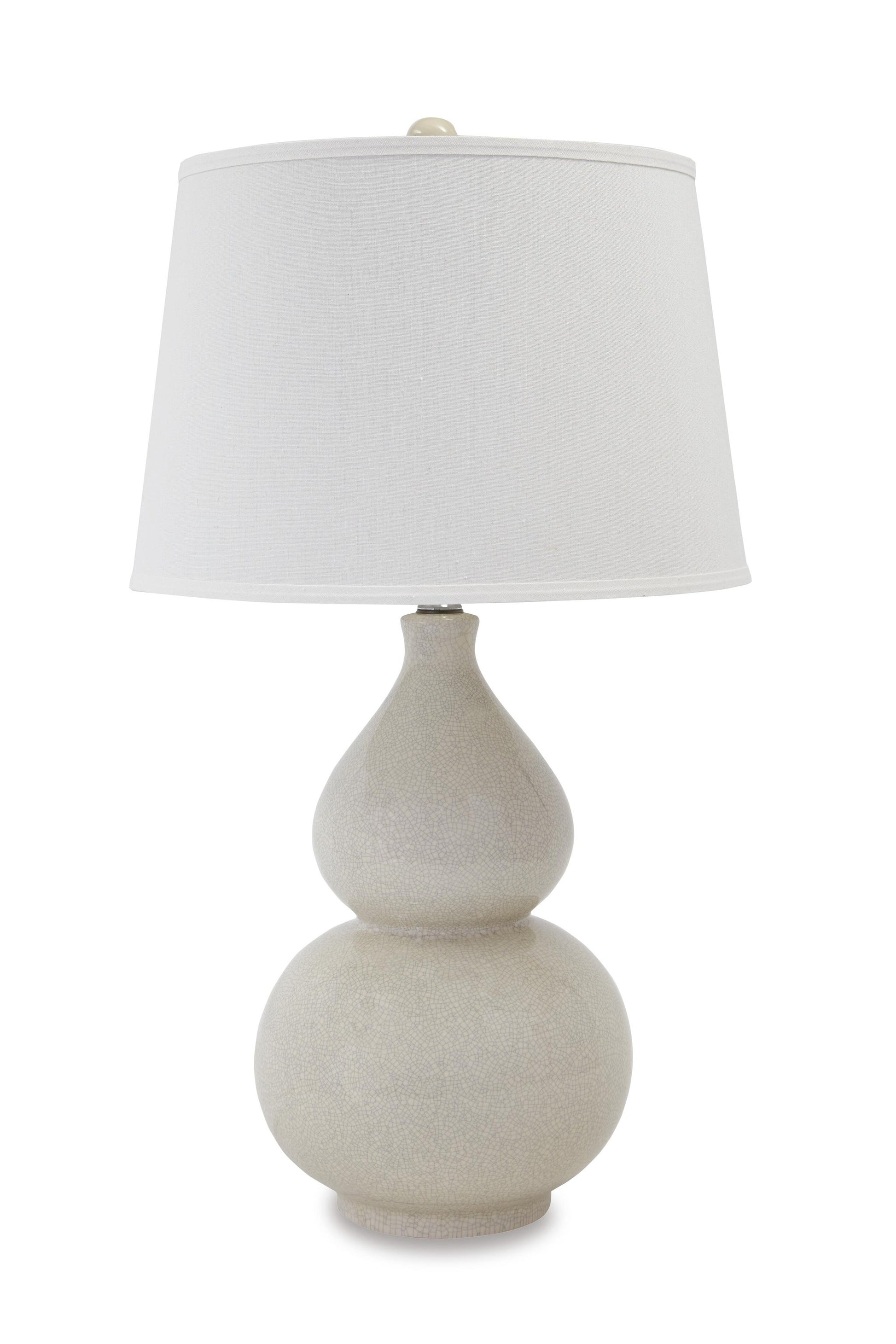 The Saffi Ceramic Table Lamp (1/CN) features a double-gourd base and plain white fabric shade, offering timeless elegance ideal for contemporary spaces, shown here against a white background.