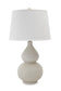 The Saffi Ceramic Table Lamp (1/CN) features a double-gourd base and plain white fabric shade, offering timeless elegance ideal for contemporary spaces, shown here against a white background.