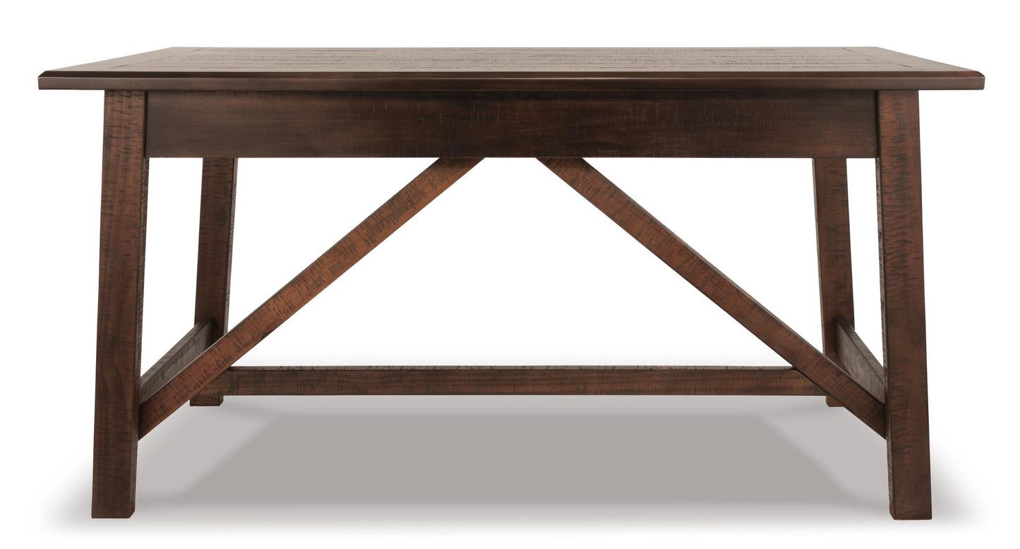 The Baldridge Home Office Large Leg Desk features a rectangular dark wood design with angled support beams and a flat top, shown against a white background.