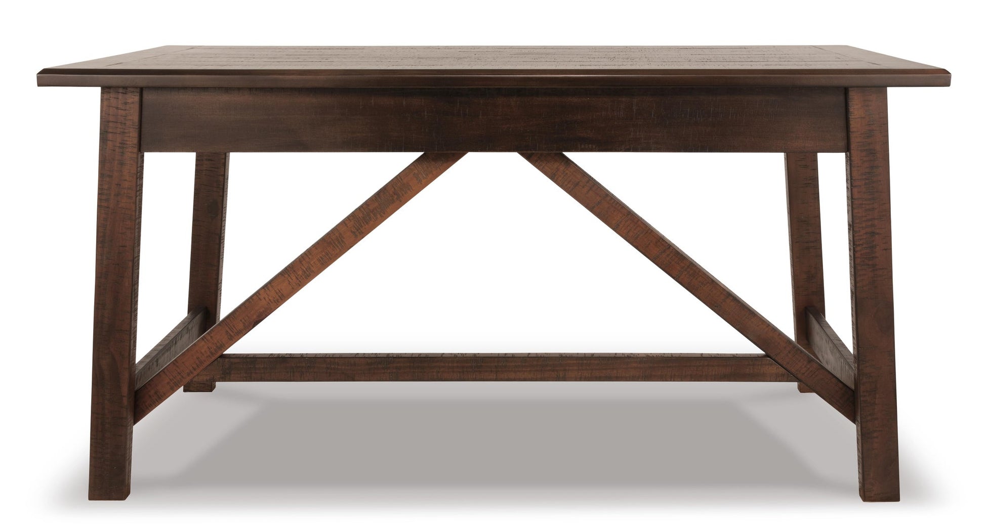 The Baldridge Home Office Large Leg Desk features a rectangular dark wood design with angled support beams and a flat top, shown against a white background.