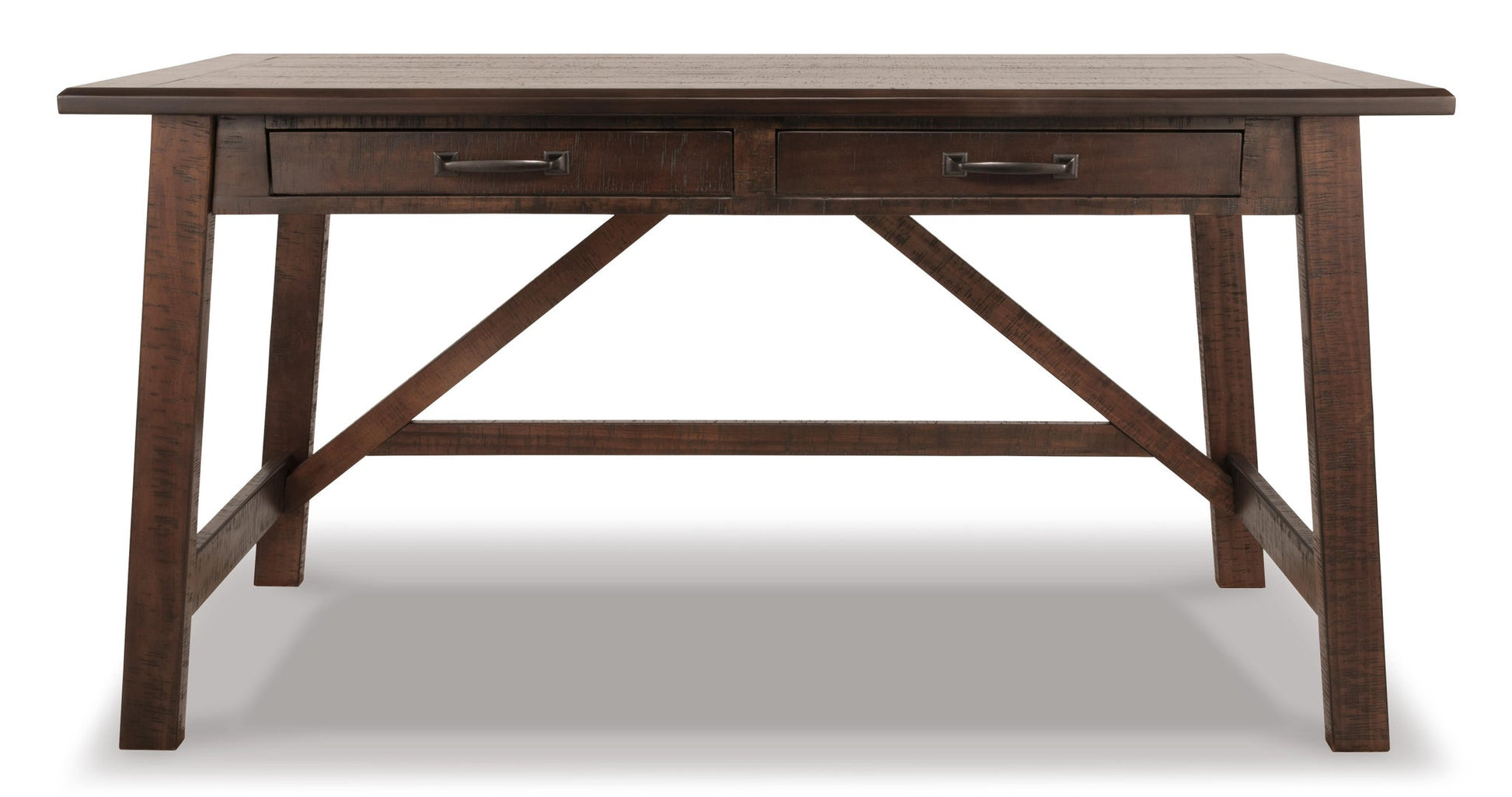 The Baldridge Home Office Large Leg Desk features a dark rustic finish, two drawers with metal handles, and a sturdy crossbar support—ideal for adding industrial style and function to any home office.
