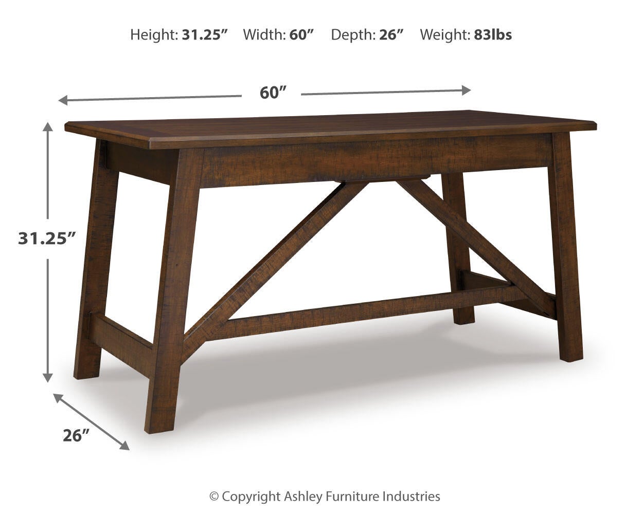 The Baldridge Home Office Large Leg Desk features a rectangular wood design with angled support beams, measuring 60"W x 26"D x 31.25"H and weighing 83 lbs—a perfect rustic industrial desk for any home office.