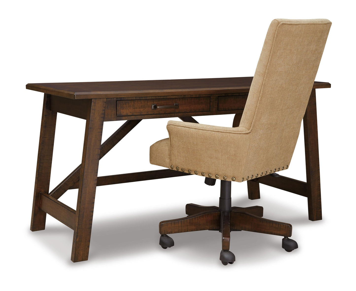 The Baldridge Home Office Large Leg Desk with a single drawer and a tan upholstered office chair on wheels, shown from the back, features rustic industrial style.