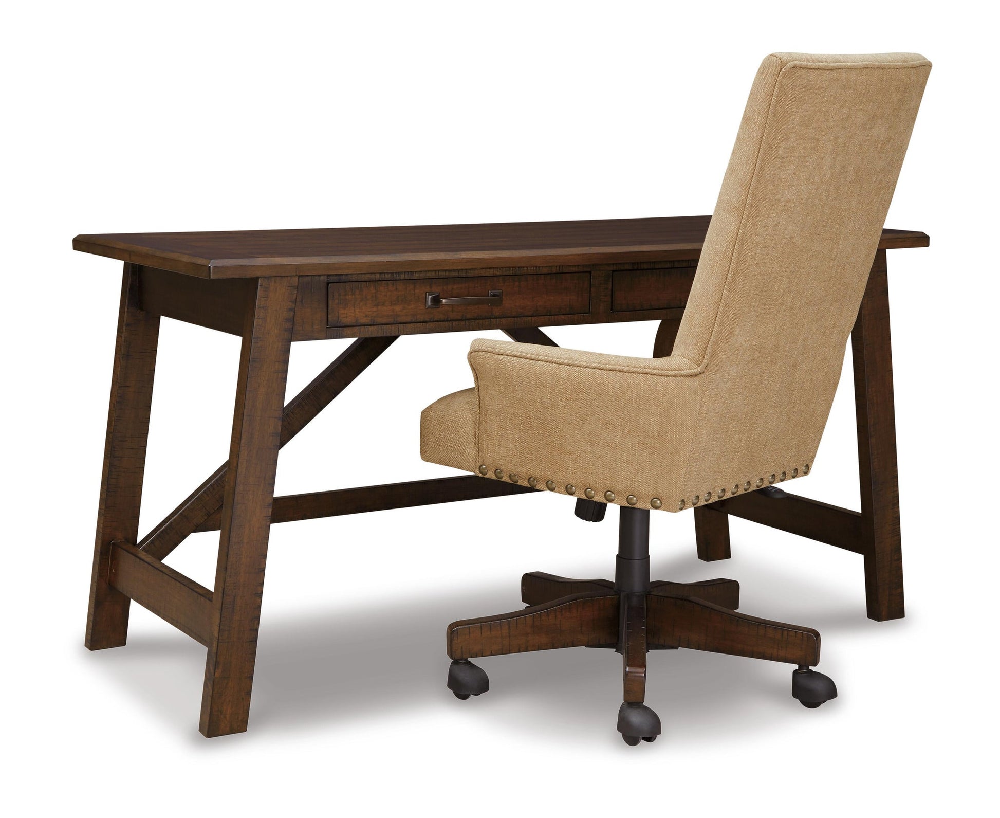 The Baldridge Home Office Large Leg Desk with a single drawer and a tan upholstered office chair on wheels, shown from the back, features rustic industrial style.