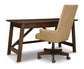 The Baldridge Home Office Large Leg Desk with a single drawer and a tan upholstered office chair on wheels, shown from the back, features rustic industrial style.