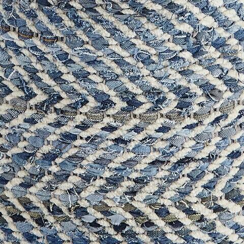 Close-up of the Chevron Pouf's woven fabric, showcasing its chevron pattern with alternating blue denim and beige fibers—ideal for adding texture and style to handmade furniture or accenting a square ottoman.