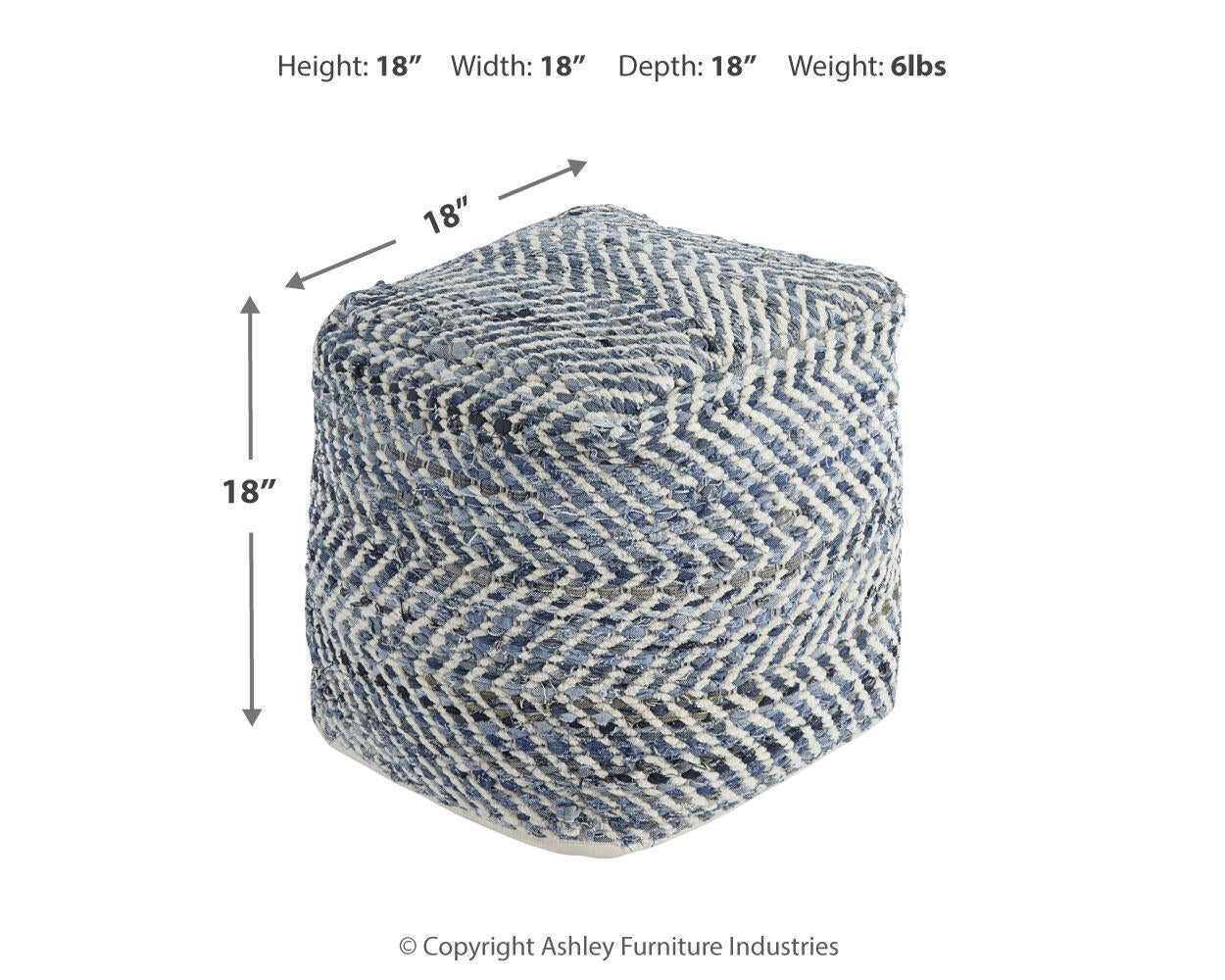 Chevron Pouf: Square handmade ottoman in blue and white chevron pattern, 18"x18"x18", weighs 6 lbs. Dimensions and arrows shown for reference.