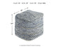 Chevron Pouf: Square handmade ottoman in blue and white chevron pattern, 18"x18"x18", weighs 6 lbs. Dimensions and arrows shown for reference.