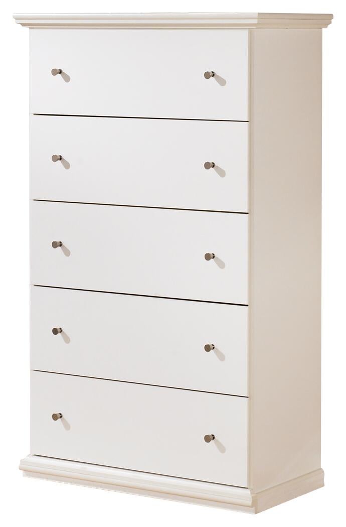The Bostwick Shoals Five Drawer Chest is a tall white chest with five roomy drawers, each fitted with two round metal knobs—ideal for adding cottage-chic style and ample clothing storage to your space.