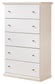 The Bostwick Shoals Five Drawer Chest is a tall white chest with five roomy drawers, each fitted with two round metal knobs—ideal for adding cottage-chic style and ample clothing storage to your space.