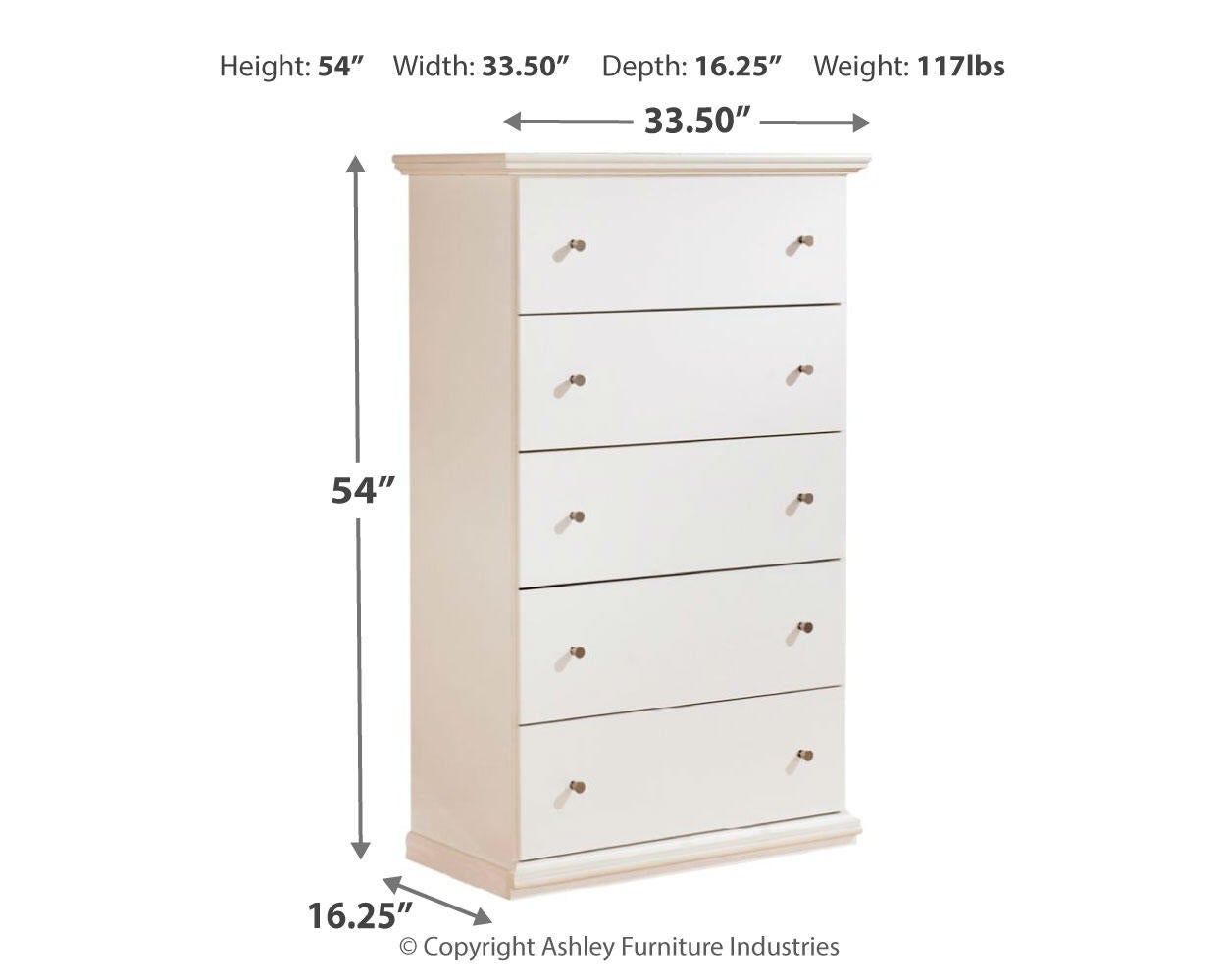The Bostwick Shoals Five Drawer Chest measures 54"H x 33.5"W x 16.25"D, weighs 117 lbs, and offers versatile clothing storage—ideal as a cottage-chic dresser for any bedroom.