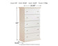 The Bostwick Shoals Five Drawer Chest measures 54"H x 33.5"W x 16.25"D, weighs 117 lbs, and offers versatile clothing storage—ideal as a cottage-chic dresser for any bedroom.