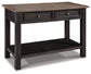 The Tyler Creek Sofa Table features a weathered gray-brown wood top, two drawers with classic hardware knobs, and a lower shelf for storage in a shabby chic style.