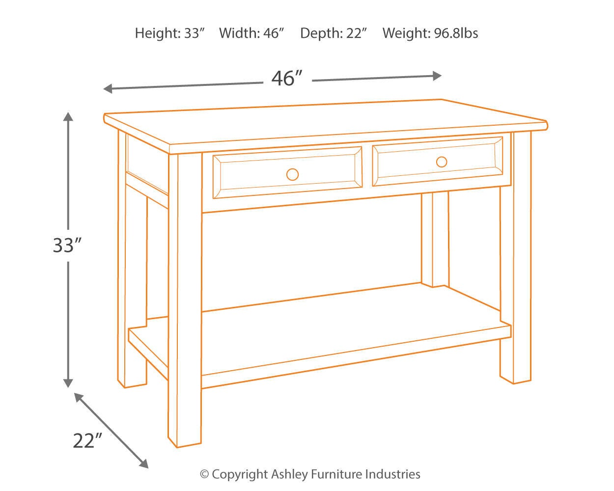 Line drawing of the Tyler Creek Sofa Table in weathered gray-brown wood, with two drawers, traditional hardware, lower shelf; labeled 46" W x 22" D x 33" H and weighing 96.8 lbs.