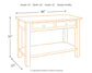 Line drawing of the Tyler Creek Sofa Table in weathered gray-brown wood, with two drawers, traditional hardware, lower shelf; labeled 46" W x 22" D x 33" H and weighing 96.8 lbs.