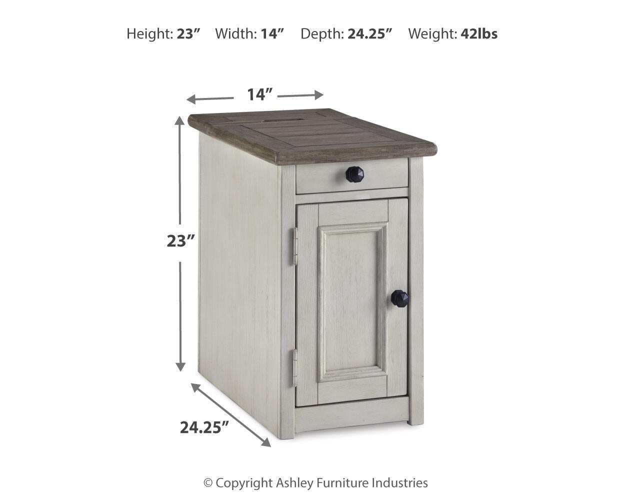 The Bolanburg Chair Side End Table, in antique white finish, features a drawer and door for storage. Dimensions: 23" H x 14" W x 24.25" D; weight: 42 lbs.