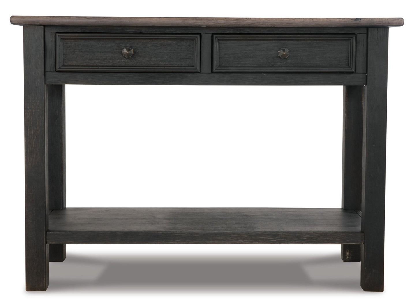 The Tyler Creek Sofa Table features a black wooden finish, traditional hardware, two small drawers, and a lower shelf, displayed against a white background.