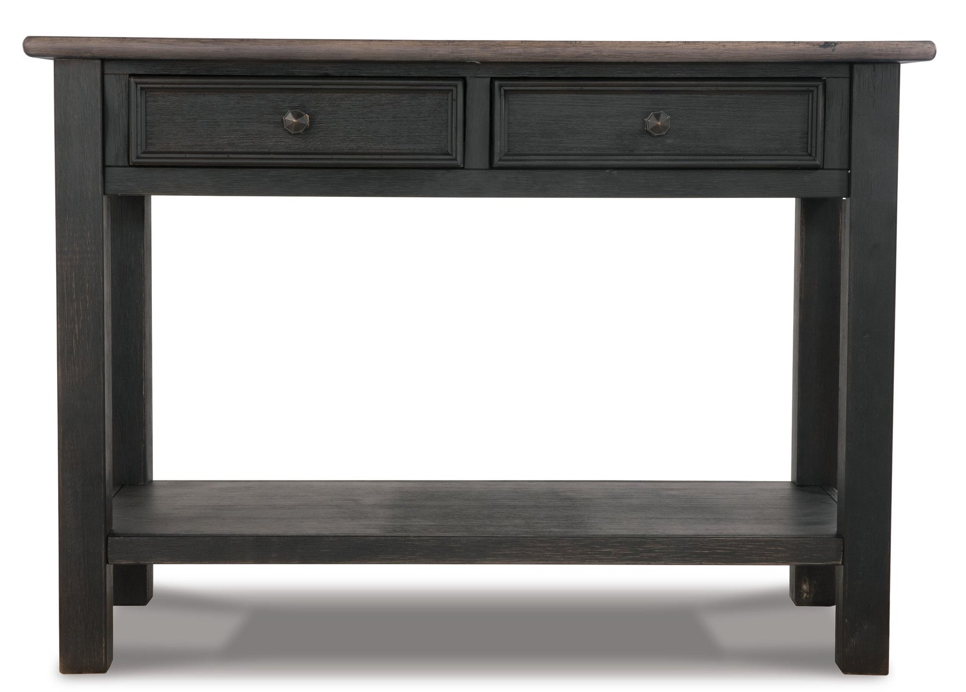 The Tyler Creek Sofa Table features a black wooden finish, traditional hardware, two small drawers, and a lower shelf, displayed against a white background.