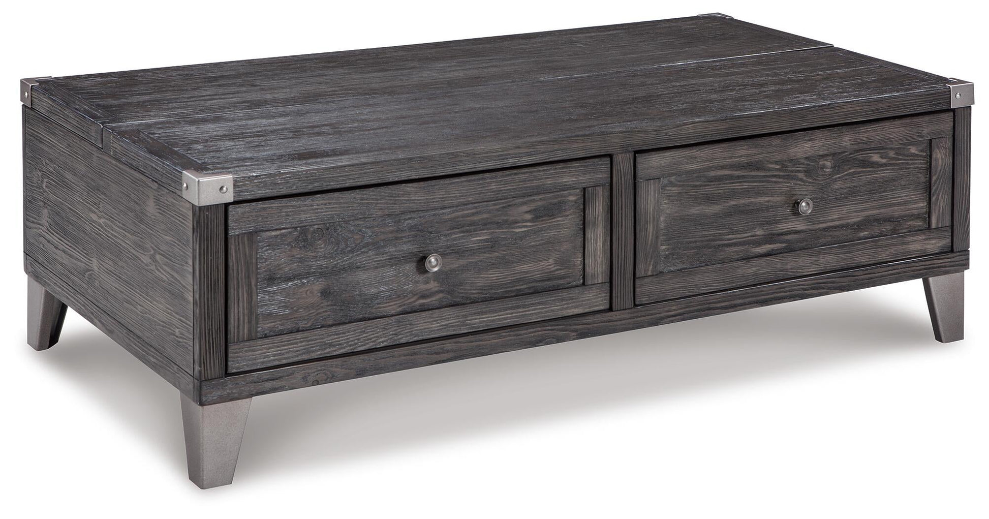 The Todoe Lift Top Cocktail Table features a rectangular design with a dark finish, metal corner accents, two drawers, and angled legs—blending rustic-industrial style and function in one striking piece.