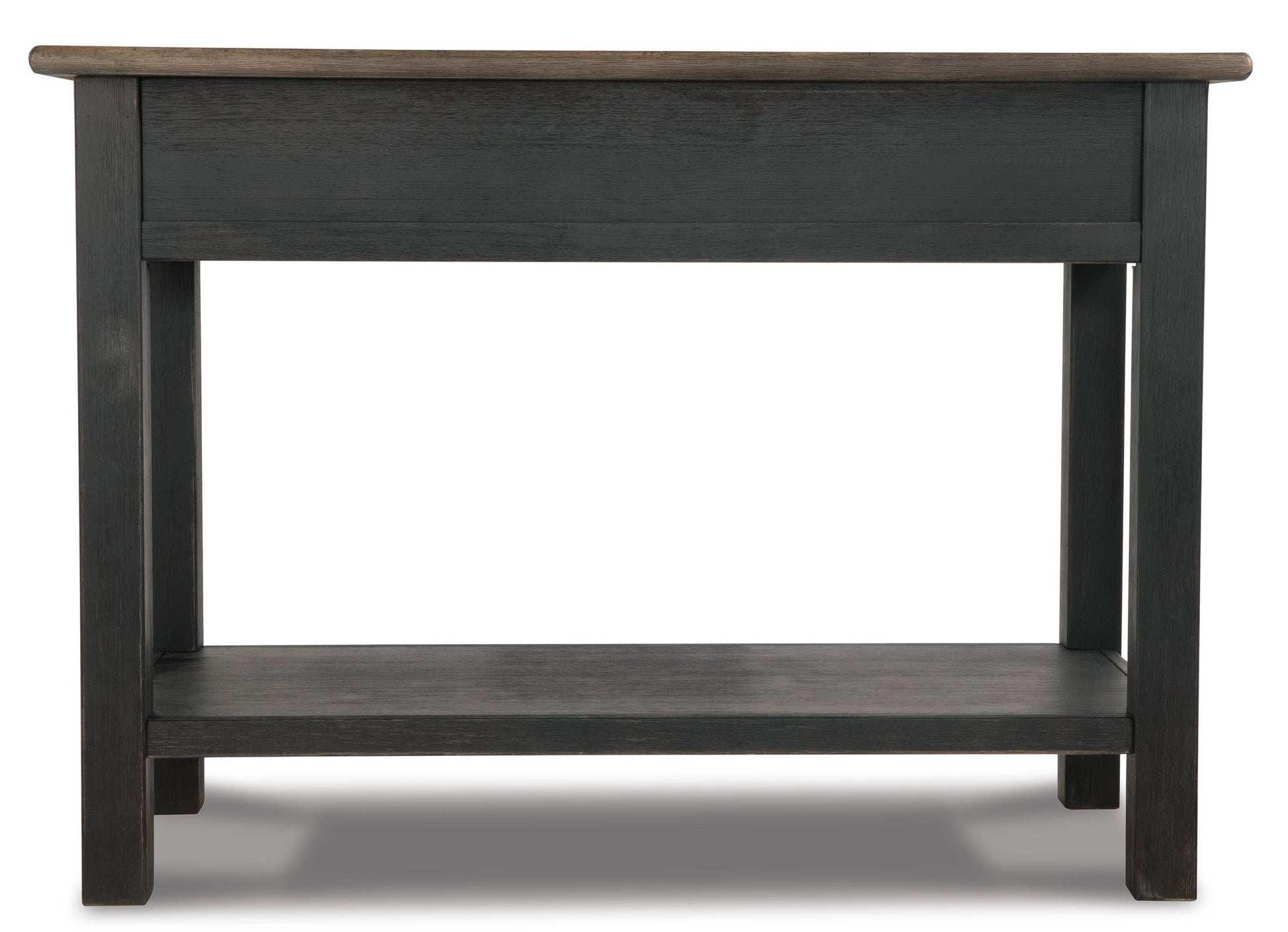 The Tyler Creek Sofa Table features a weathered gray-brown wood build with a dark finish, flat top surface, traditional hardware, and a lower storage shelf.