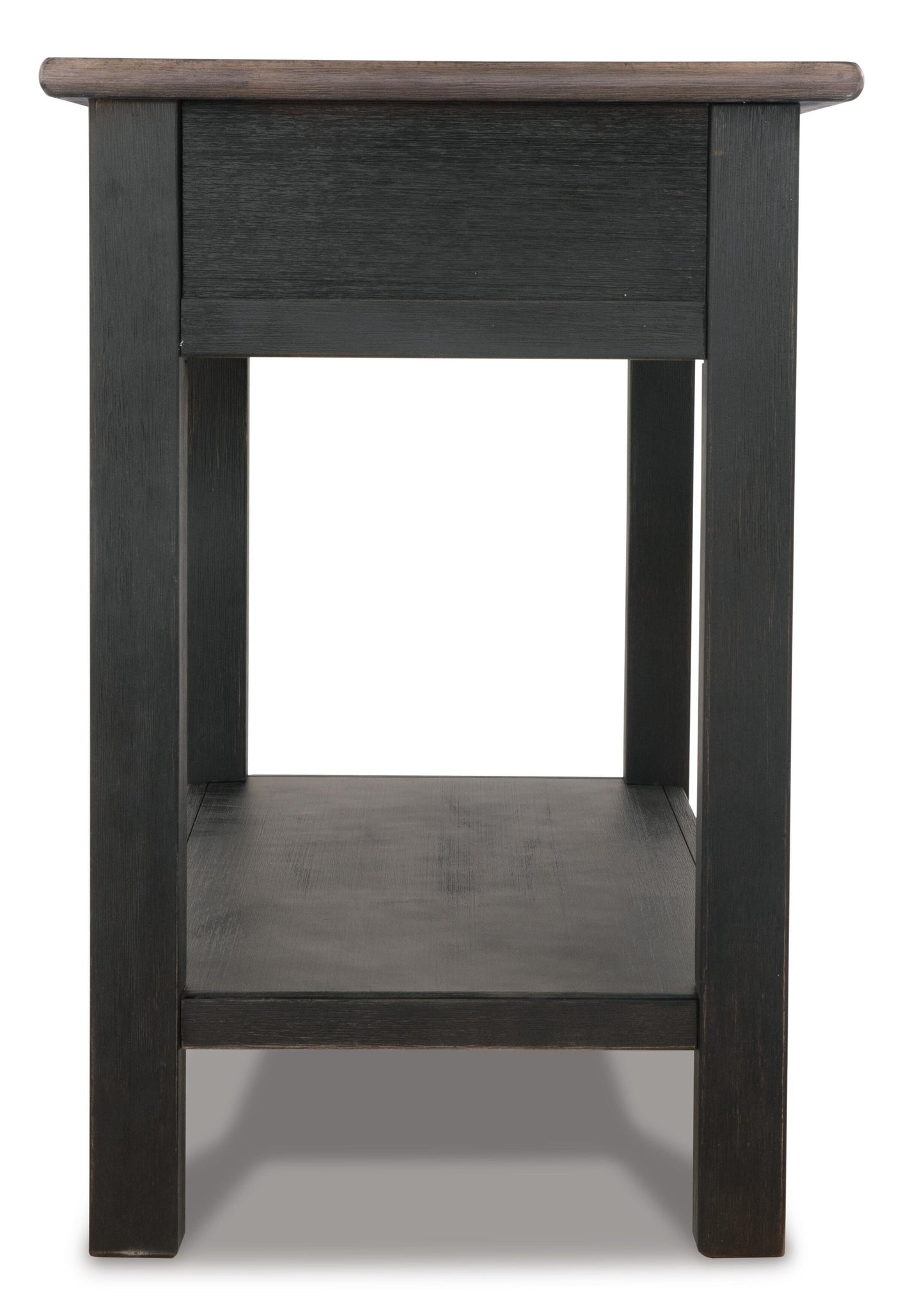 The Tyler Creek Sofa Table is a black wooden table with a flat top, lower shelf, and traditional hardware, shown against a white background.