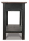 The Tyler Creek Sofa Table is a black wooden table with a flat top, lower shelf, and traditional hardware, shown against a white background.