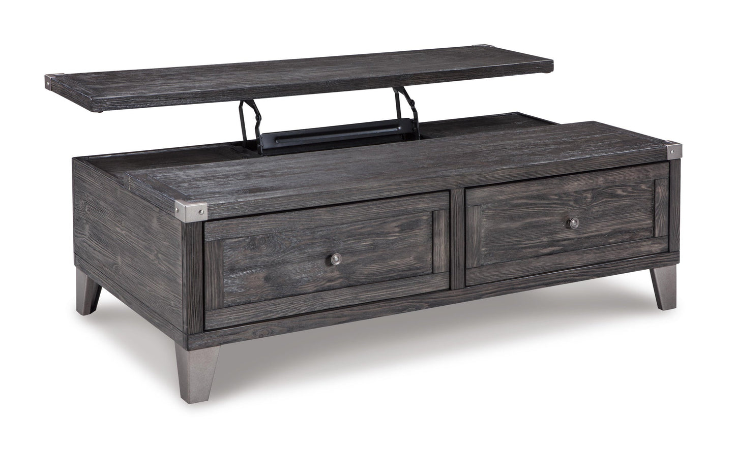 The Todoe Lift Top Cocktail Table features a rectangular weathered pine design with two drawers and a partially raised lift-top, revealing storage space underneath for a rustic-industrial look.