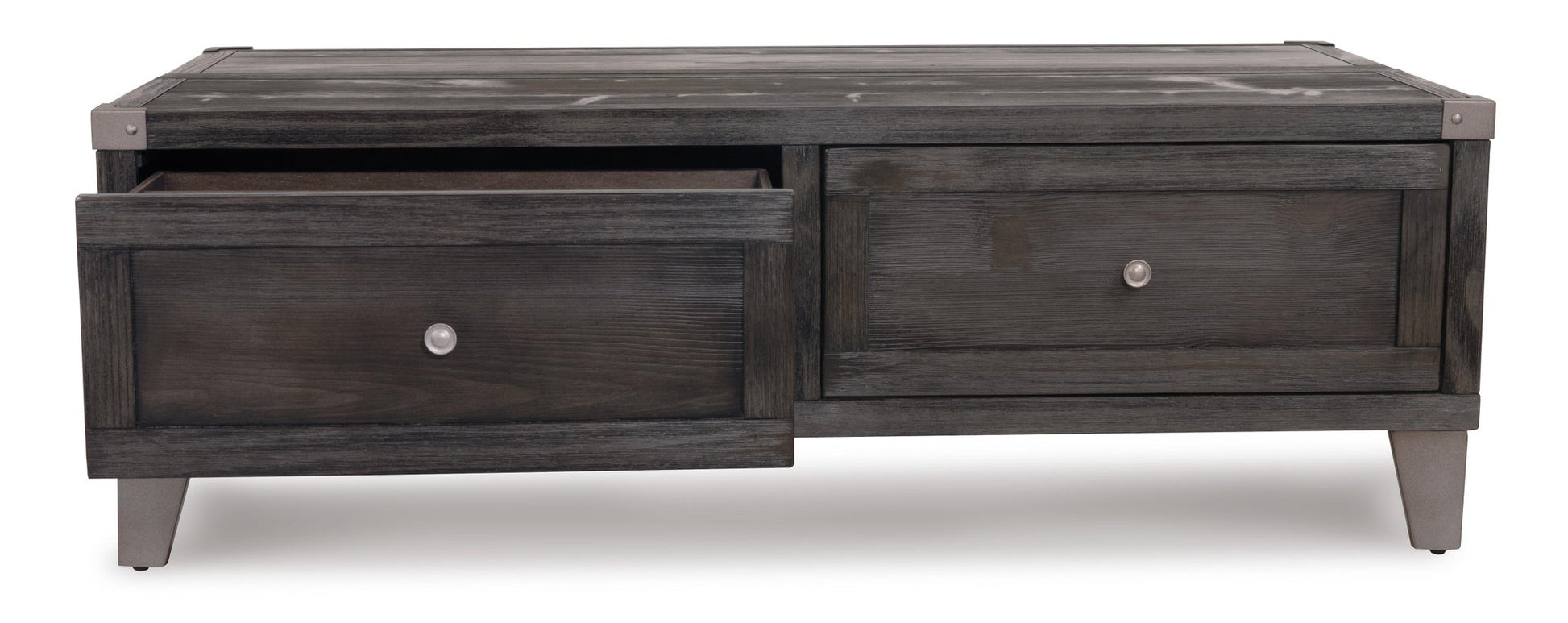 The Todoe Lift Top Cocktail Table features a dark wood finish, rustic-industrial metal legs, two drawers (one open), and metal knob handles.
