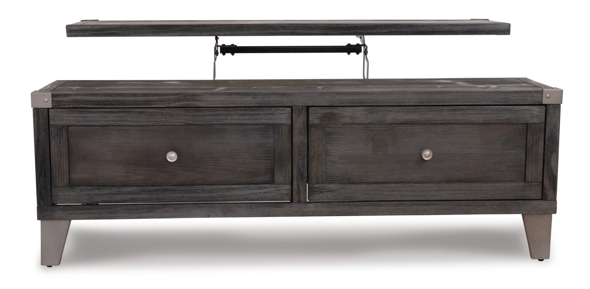 The Todoe Lift Top Cocktail Table is a dark wood TV stand with a spring-lift top, two drawers, and a lift-up panel that reveals roomy internal storage.