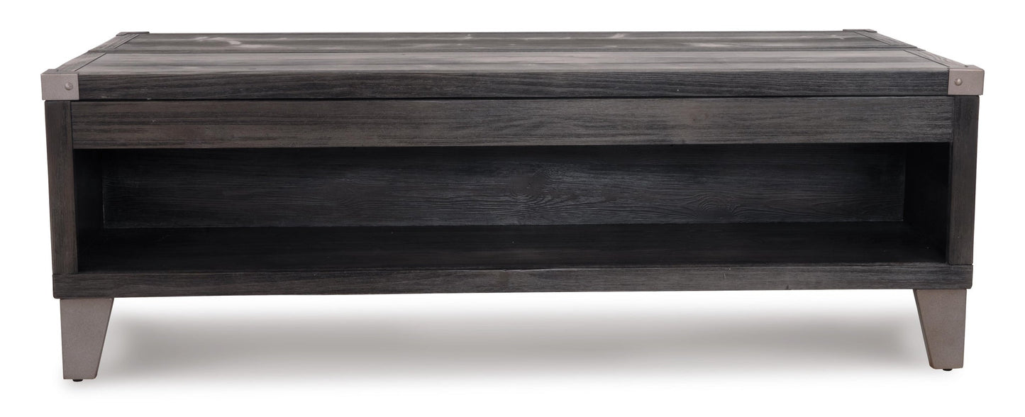 Todoe Lift Top Cocktail Table: Rustic-industrial rectangular wood table with a dark finish, open lower shelf, and four angled legs.