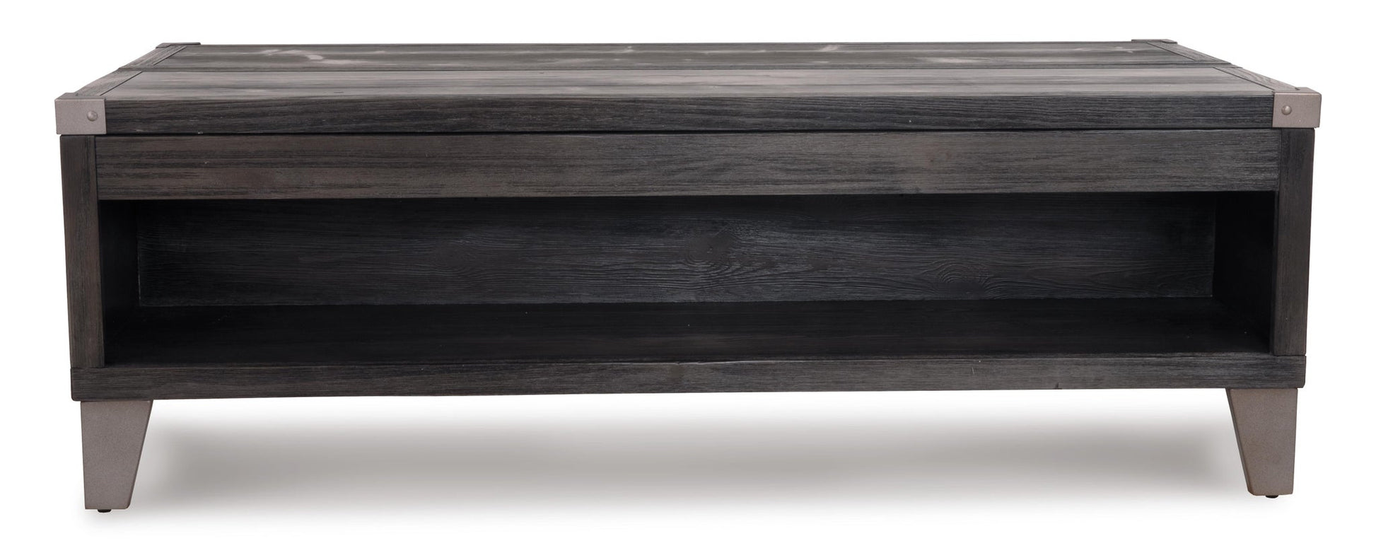 Todoe Lift Top Cocktail Table: Rustic-industrial rectangular wood table with a dark finish, open lower shelf, and four angled legs.