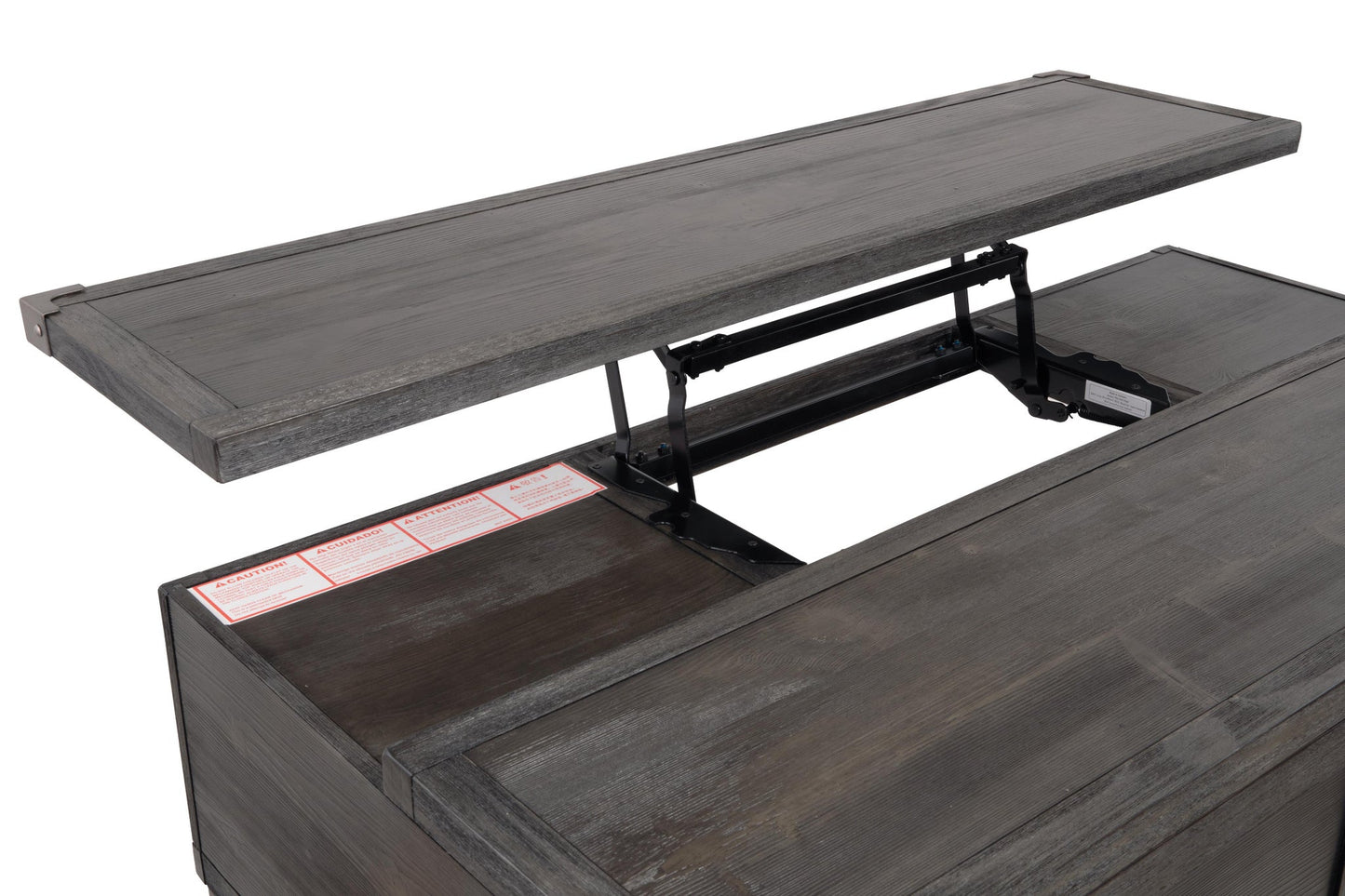 A close-up of the Todoe Lift Top Cocktail Table showcases its rustic-industrial style, weathered pine finish, and partially raised top revealing sturdy metal hardware beneath.