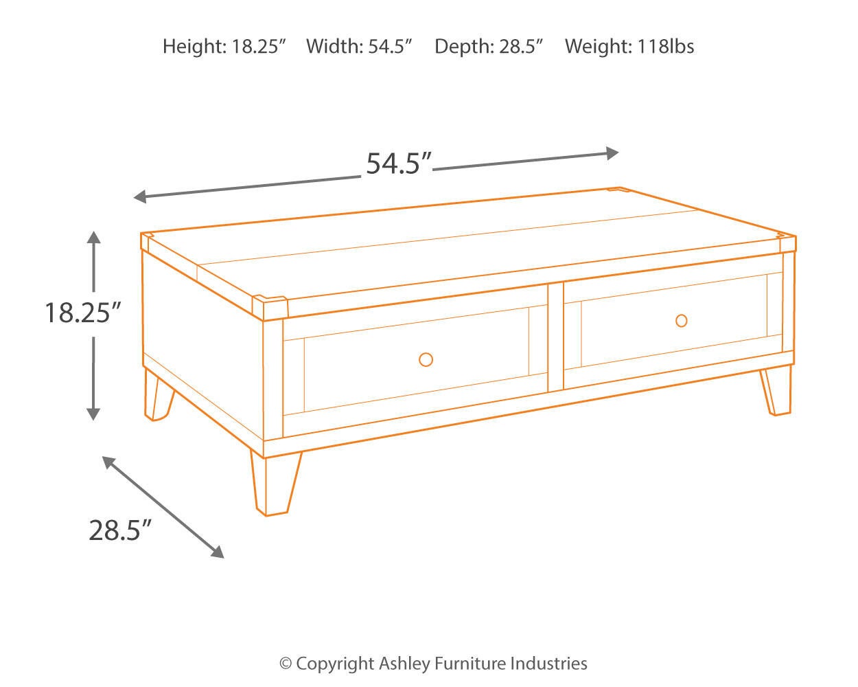 Line drawing of the Todoe Lift Top Cocktail Table, rustic-industrial style with two drawers, crafted in weathered pine. Dimensions: 54.5" W x 28.5" D x 18.25" H; weight: 118 lbs.