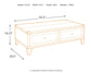 Line drawing of the Todoe Lift Top Cocktail Table, rustic-industrial style with two drawers, crafted in weathered pine. Dimensions: 54.5" W x 28.5" D x 18.25" H; weight: 118 lbs.