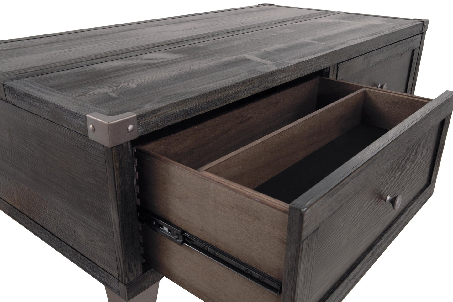 A close-up of the Todoe Lift Top Cocktail Table in rustic-industrial style shows a partially open drawer, revealing its weathered pine interior and metal sliding mechanism.