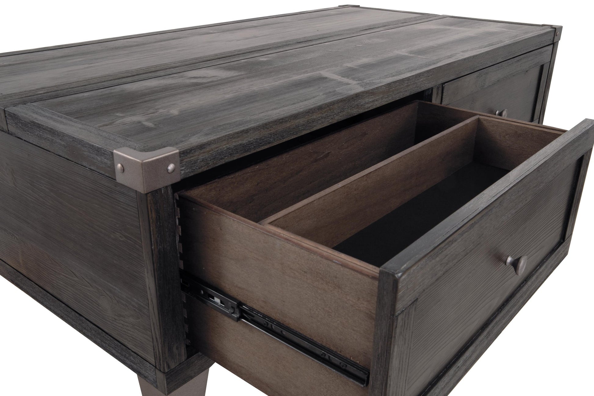 A close-up of the Todoe Lift Top Cocktail Table in rustic-industrial style shows a partially open drawer, revealing its weathered pine interior and metal sliding mechanism.