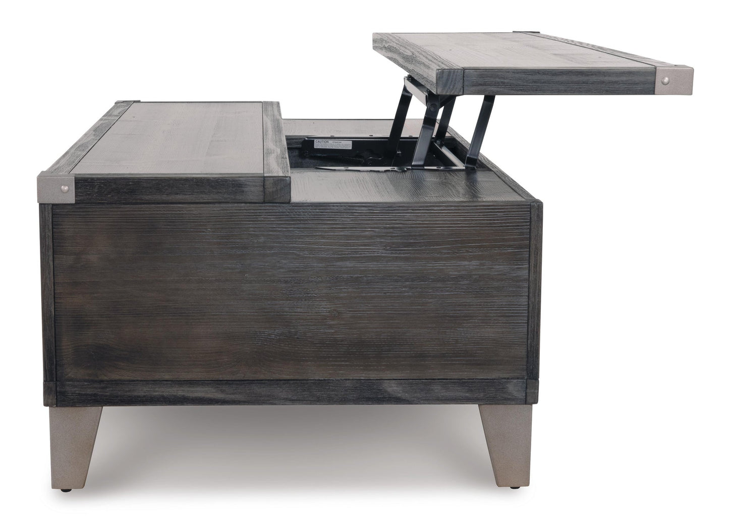 The Todoe Lift Top Cocktail Table is a rustic-industrial rectangular wooden coffee table with angled legs and a lift top that reveals a spacious internal storage compartment.