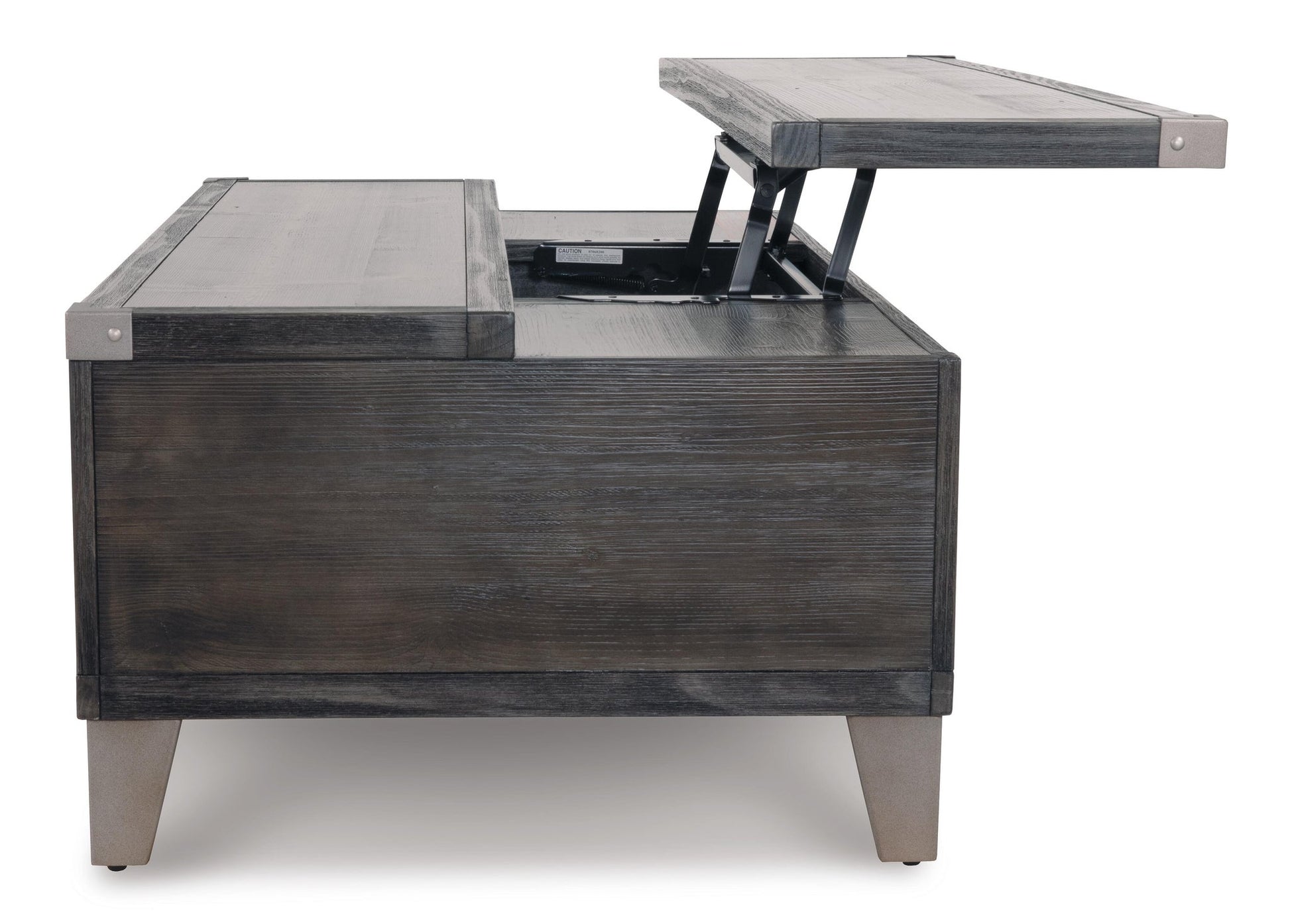 The Todoe Lift Top Cocktail Table is a rustic-industrial rectangular wooden coffee table with angled legs and a lift top that reveals a spacious internal storage compartment.