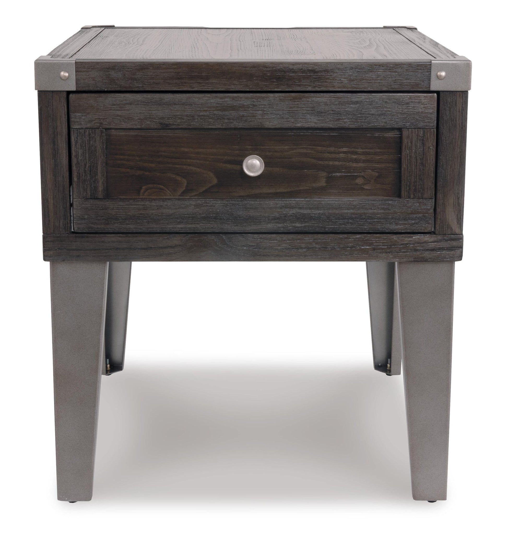 The Todoe Rectangular End Table features a contemporary rustic-industrial style with dark wood and metal, a single front drawer, and four straight legs.