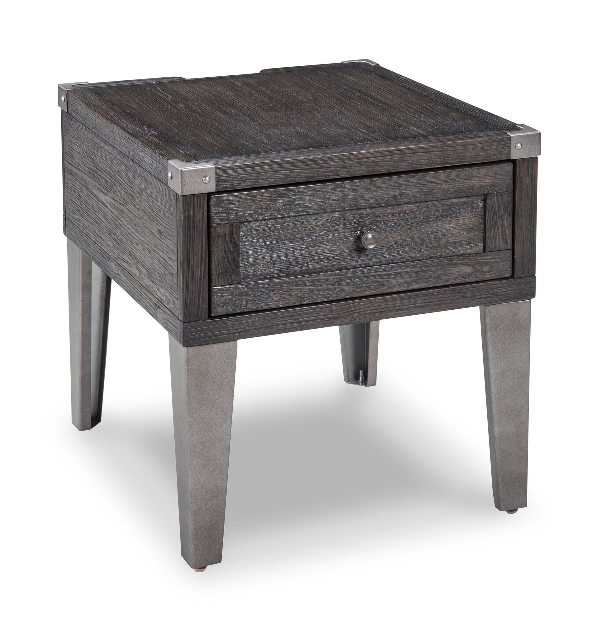 The Todoe Rectangular End Table features a rustic-industrial design with metal legs, a front drawer, and metal corner accents on the tabletop.