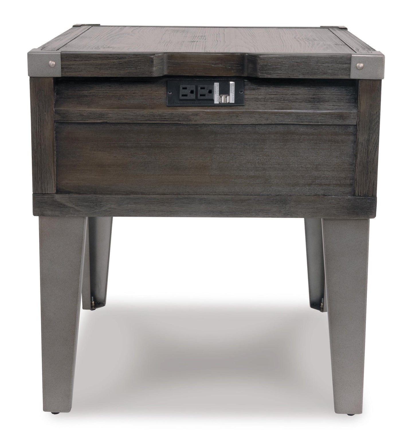 The Todoe Rectangular End Table blends rustic-industrial style with dark wood and metal legs, and features built-in electrical outlets plus USB charging ports conveniently located on the side.