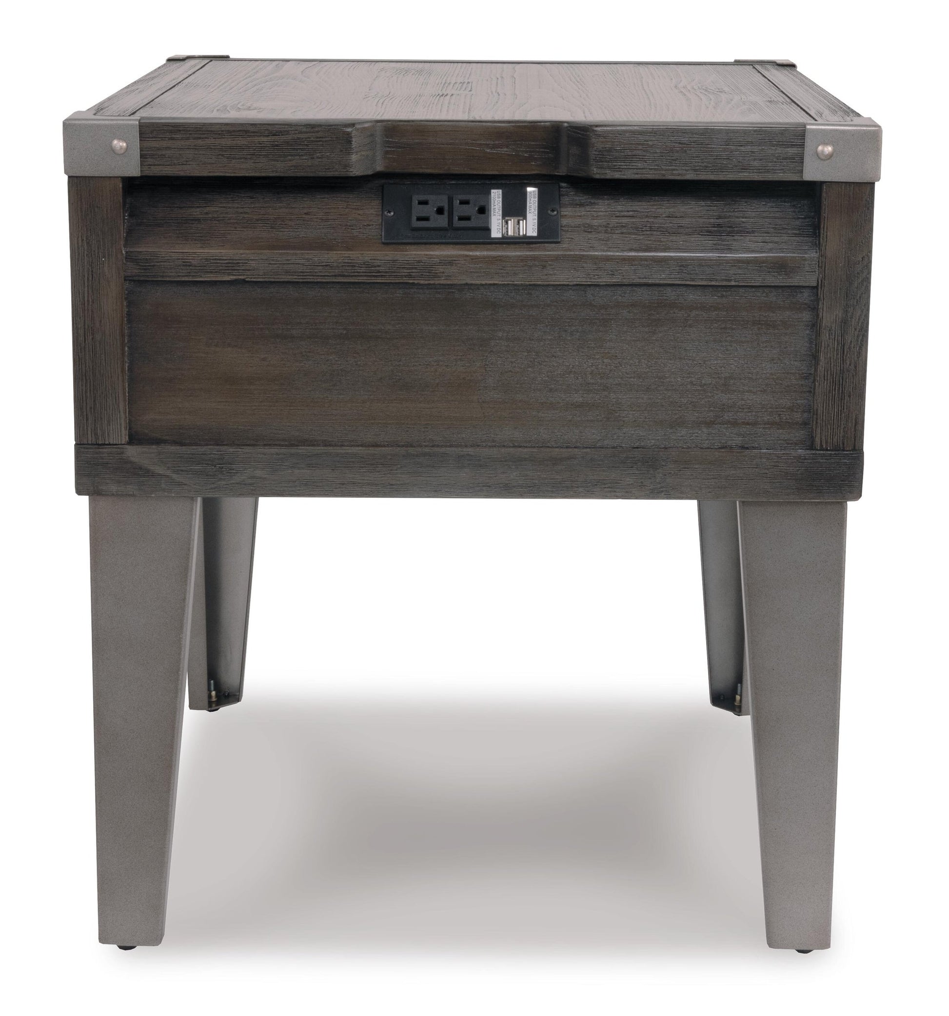 The Todoe Rectangular End Table blends rustic-industrial style with dark wood and metal legs, and features built-in electrical outlets plus USB charging ports conveniently located on the side.