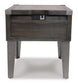 The Todoe Rectangular End Table blends rustic-industrial style with dark wood and metal legs, and features built-in electrical outlets plus USB charging ports conveniently located on the side.