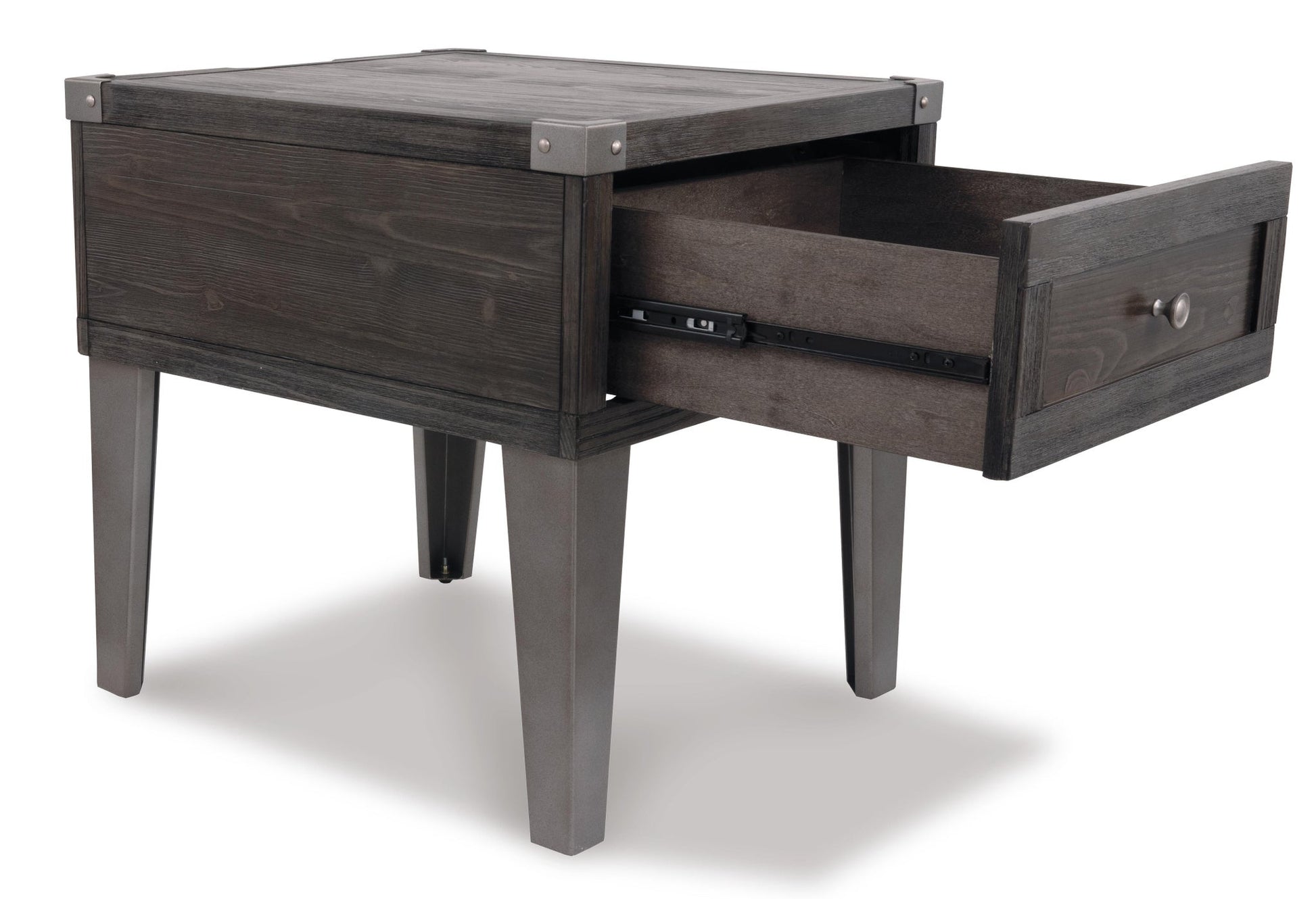 The Todoe Rectangular End Table is a contemporary dark wood side table with tapered legs, a single drawer with metal rails and a round pull handle, plus built-in USB charging ports for added convenience.