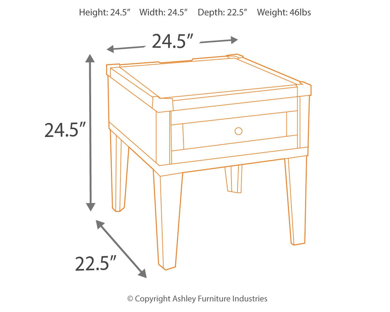 Line drawing of the Todoe Rectangular End Table, a contemporary piece with a single drawer. Dimensions: 24.5" H x 24.5" W x 22.5" D; weight: 46 lbs.