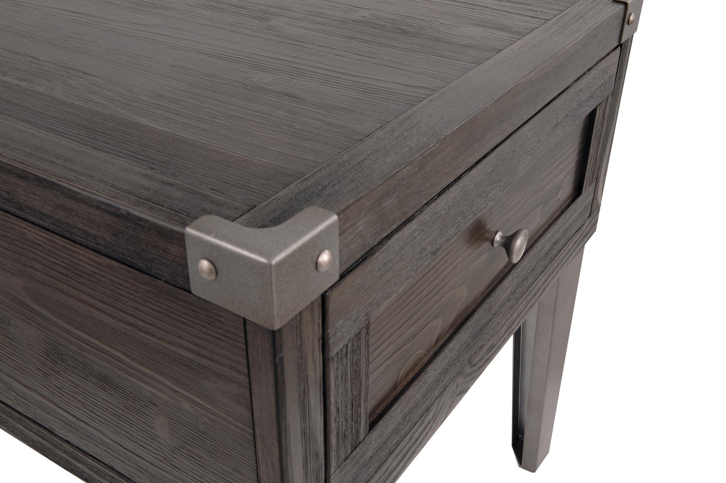 Close-up of the Todoe Rectangular End Table, featuring rustic-industrial style, metal corner brackets, a single drawer with a round metal knob, and built-in USB charging ports for added convenience.