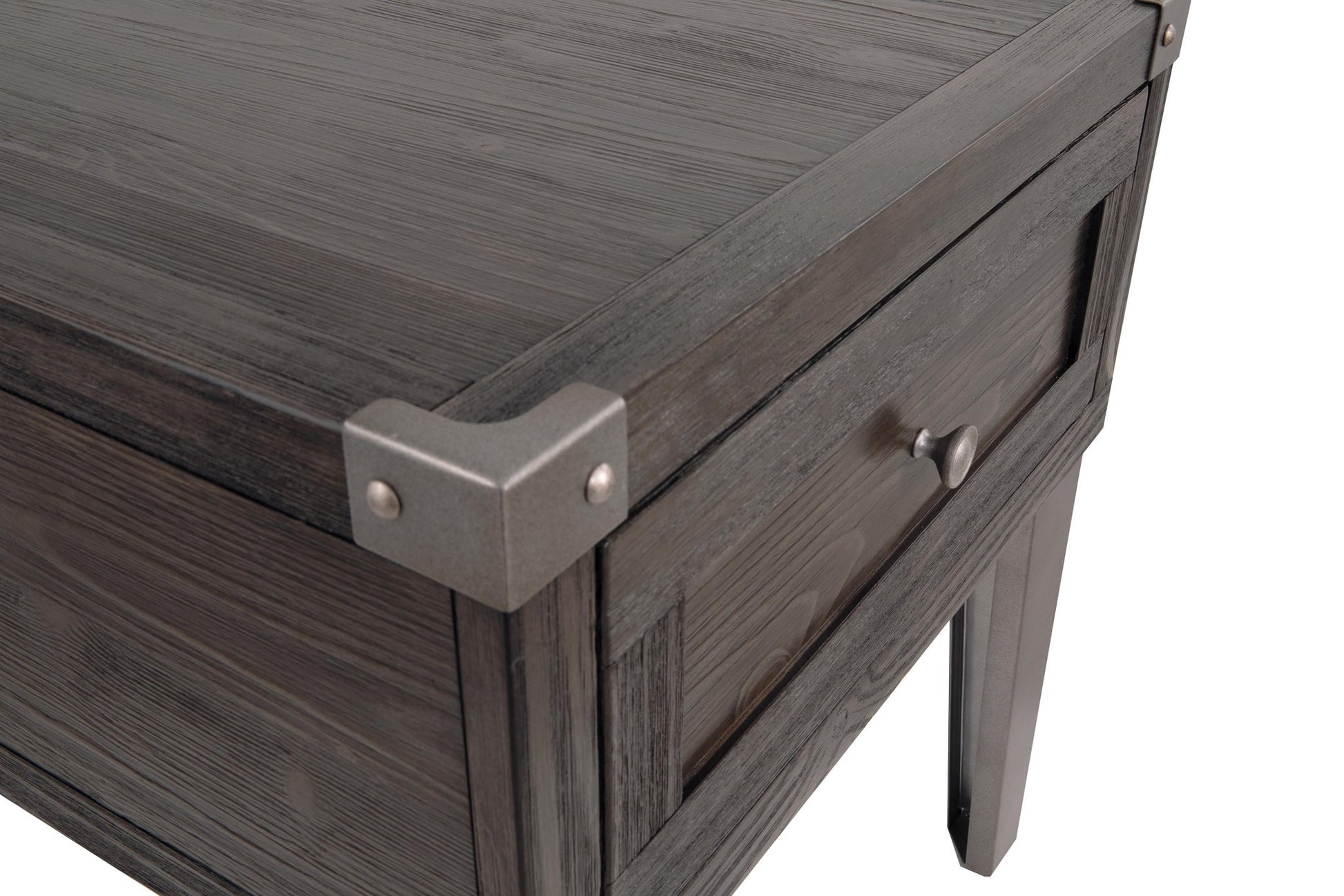 Close-up of the Todoe Rectangular End Table, featuring rustic-industrial style, metal corner brackets, a single drawer with a round metal knob, and built-in USB charging ports for added convenience.