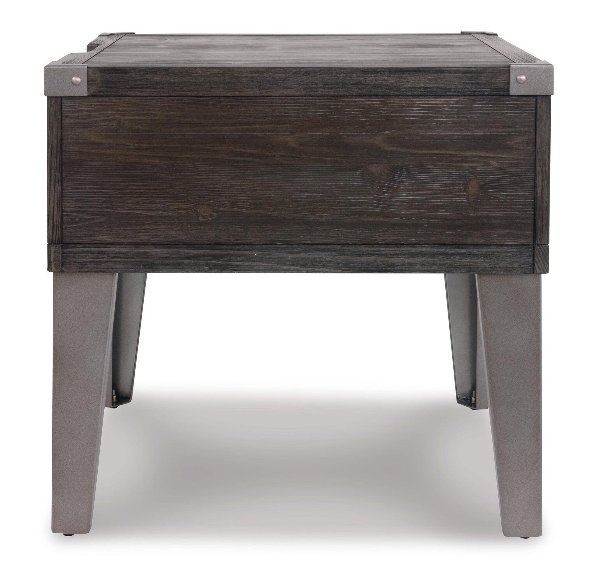 The Todoe Rectangular End Table features a dark-finished wooden storage box set on four gray metal legs, shown from the front against a white background—a modern piece combining elegance and functionality.
